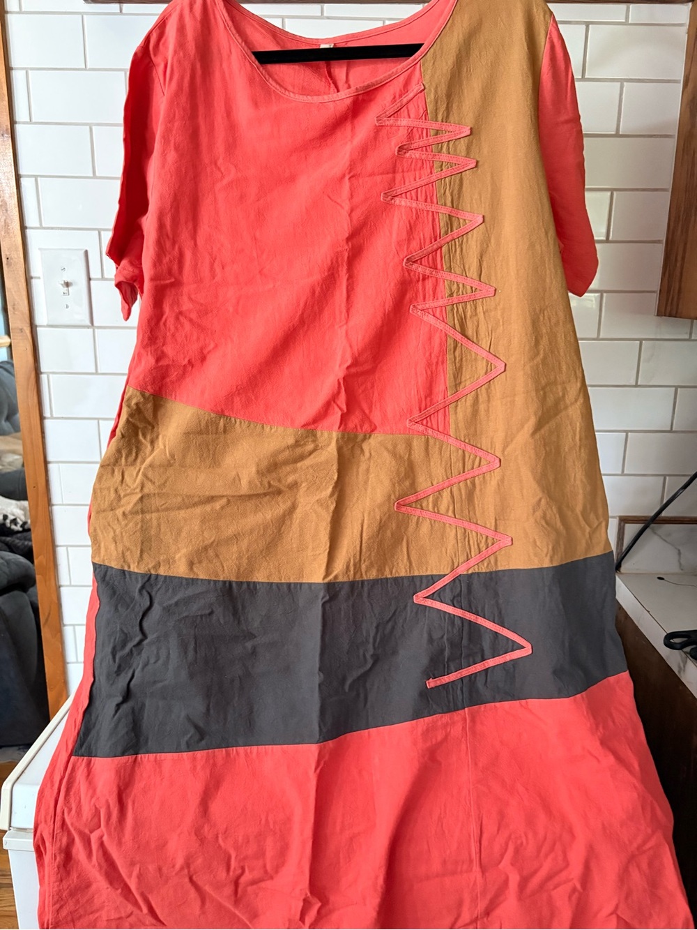Colorblock Coral, Mustard & Charcoal Midi Dress with Zigzag Detail